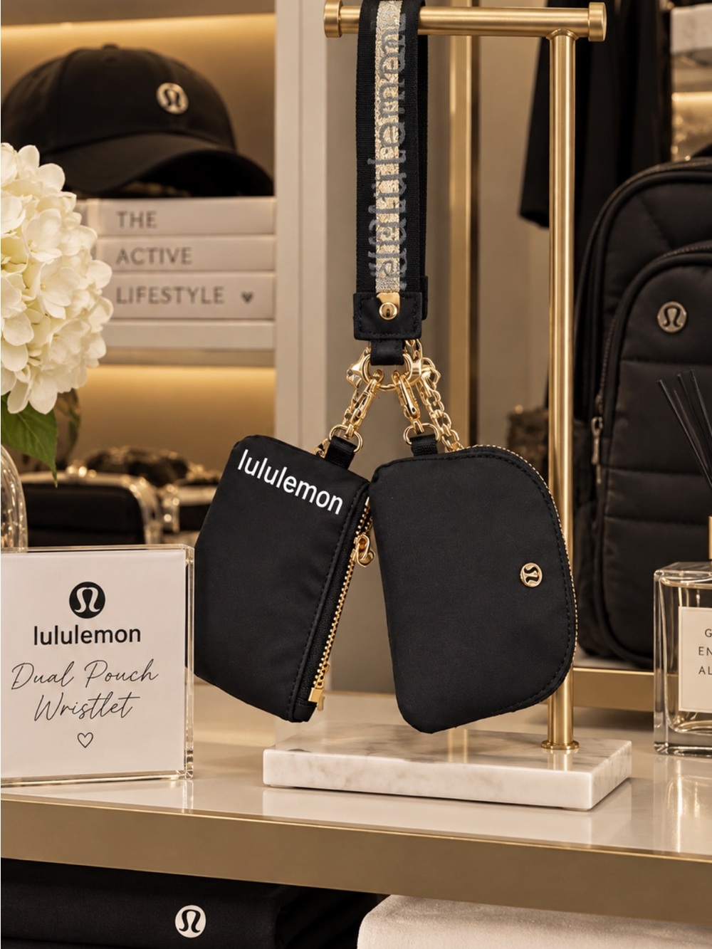 lululemon athletica Black Dual Pouch Wristlet with Gold Hardware